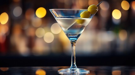 A martini glass with a green olive on a bar with a blurred background.