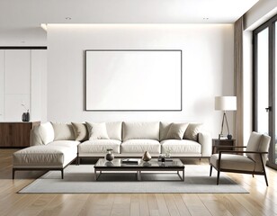 Stylish modern living room interior with a large sofa and blank horizontal poster frame on the wall. Mockup concept for art display.