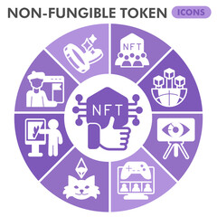 Non fungible token symbols collection or sketches, nft theme glyph bubbles style signs for web and app. Vector graphics isolated on white background.