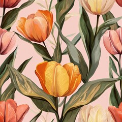 Tulips flowers plants floral blooming botanical seamless pattern ornament design, tile