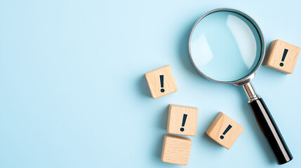 Looking for Solutions: A magnifying glass highlights wooden blocks with exclamation marks on a light blue surface, symbolizing the search for answers.