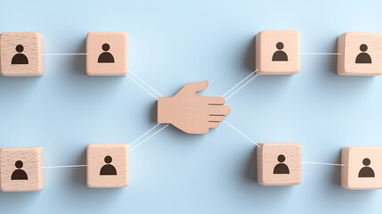 Network connections: Wooden blocks with person icons linked by strings to a hand, symbolizing communication and teamwork on a light blue background.