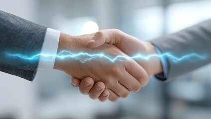 Close-up business handshake, overlaid with stylized electric energy