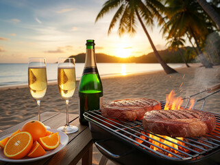 Romantic view of tropical beach at sunset. Party with grilled steaks, bottle of champagne and two filled glasses. Sandy beach with palm trees and ocean with sunset in the background. AI-Generated