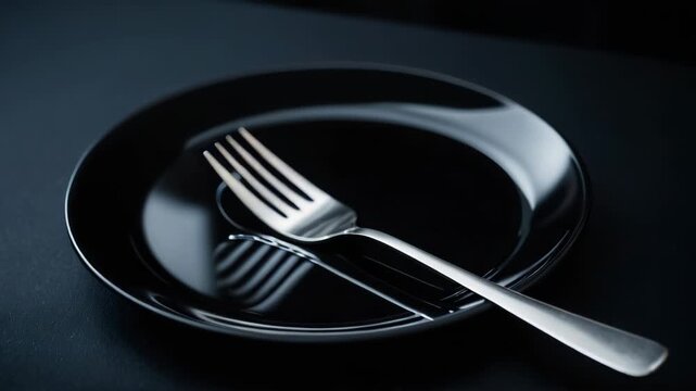 A black plate with a fork and knife placed on it, ready for use
