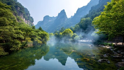 Serene Reflection Mountains, Waters, and Verdant Landscape