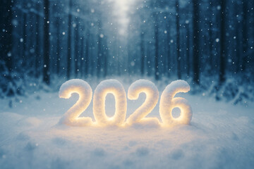 Snow-covered numbers representing the year 2026 shine brightly in a serene winter forest during a gentle snowfall