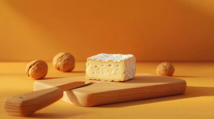 a slice of a delicious square of creamy camembert with a cheese knife on a bright wooden serving board, on orange background. 3d illustration.