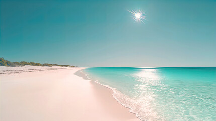AI Generated - Beach with white sand and blue water, surrounded by trees and a bright blue sky with the sun shining down. Professional stock photography for commercial use. High-resolution. Premium.