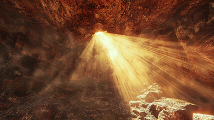 AI Generated - Cave with a bright light shining through it, illuminating the rocks on the right side of the image. Professional stock photography for commercial use. High-resolution. Premium quality.