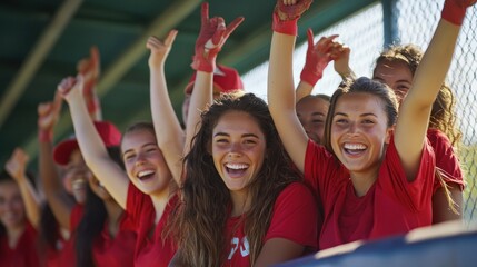 A group of enthusiastic female soccer players cheering on the sidelines.