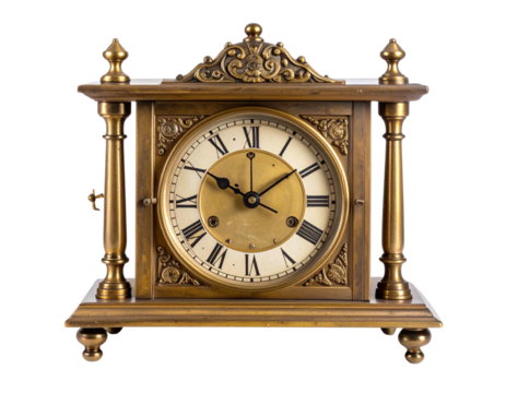 Vintage Brass Table Clock with Roman Numerals and Patina Finish, Front View, Isolated on White Background