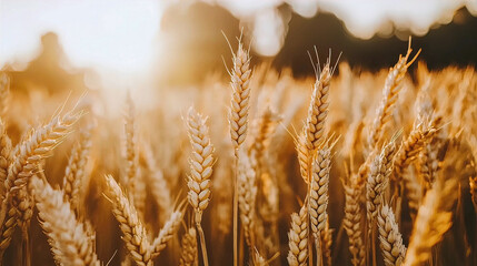 Fototapeta premium AI Generated - Field of ripe wheat with the sun shining through it, creating a beautiful contrast between the golden stalks of wheat and the bright blue sky. Commercial illustration artwork.