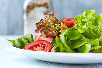 Healthy and tasty salad with tomatoes, olives, cucumber, and lettuce.