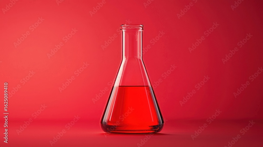 Poster a red and clear laboratory flask filled with a red liquid on a red background.