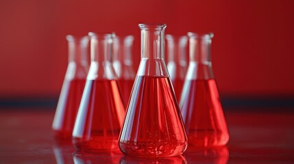A red liquid in a conical flask with a red background.
