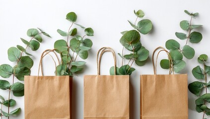 Four kraft paper bags, adorned with sprigs of fresh eucalyptus, set against a white background