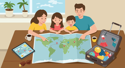An illustration of a family planning their vacation with a world map, tablet, and packed suitcase, showcasing the joy of travel preparation.