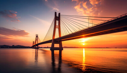 Suspension Bridge Over Water at Golden Hour