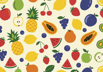 A seamless pattern featuring a variety of fruits, including pineapples, lemons, and watermelons, creating a vibrant and refreshing background for various designs