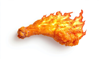 hot chicken drumstick flying with flames and hot. 
fried chicken wing, crispy, golden-brown fried chicken drumstick isolated on a white background. 