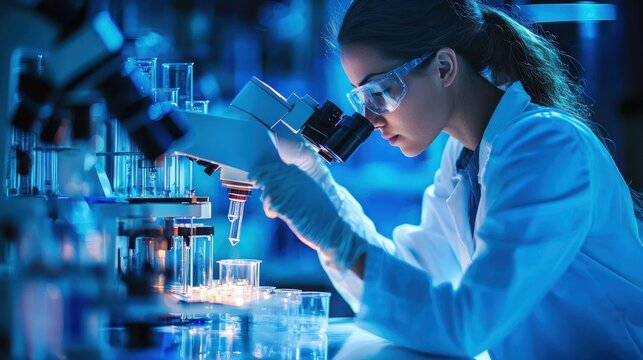 A female scientist in a lab coat, using a microscope in a laboratory setting.