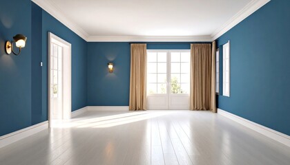 Sunlit Classic Interior: Empty Room with Deep Blue Walls and White Wood Floors