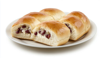 A strip of buns creamy filled white cream cheese and red beans. Red bean bun bread isolated on white background. 