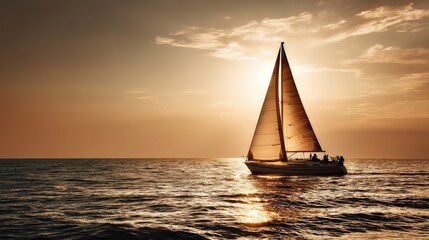 A serene sunset view featuring a sailboat gliding over calm waters, silhouetted against a warm, golden sky.