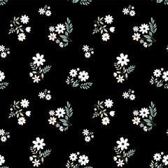 Vector seamless pattern with small flowers isolated on a black background. Ideal for textiles, fabrics, wallpaper, printing, gift wrapping, postcards, or scrapbooking.