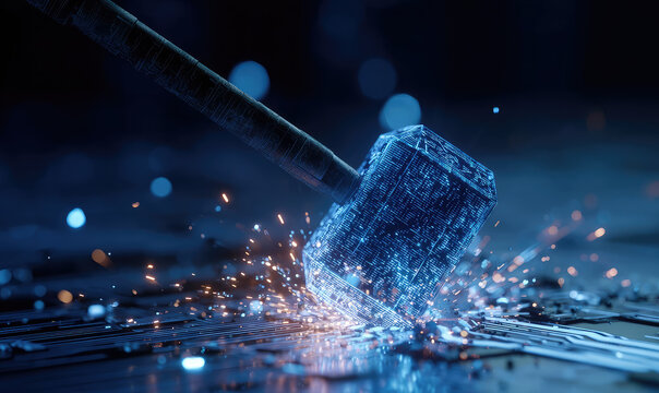 Quantum Forge Hammer Impact with Glowing Energy Particles and Futuristic Macro Cinematic Detail