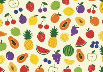 A seamless pattern featuring a variety of fruits, including pineapples, lemons, and watermelons, creating a vibrant and refreshing background for various designs