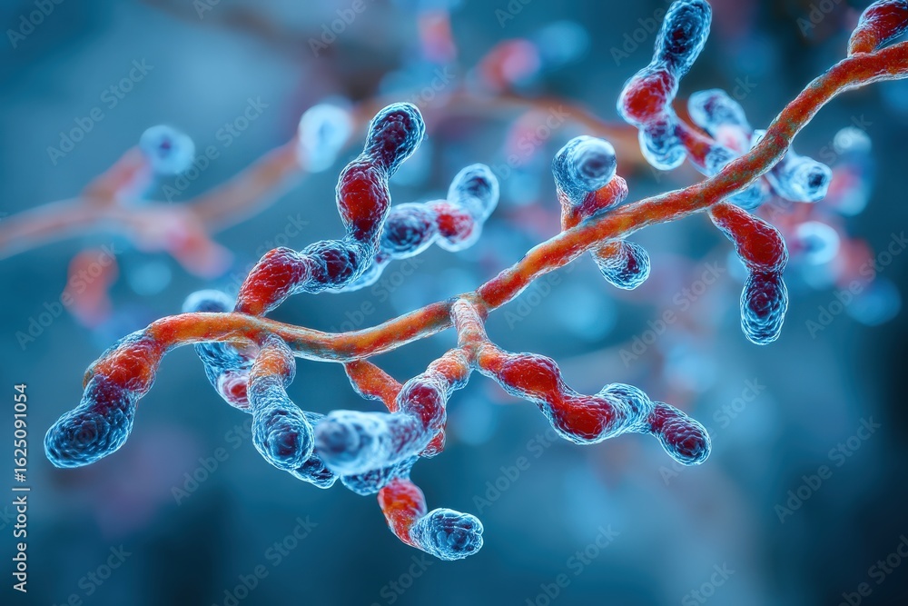 Poster a close-up view of vibrant, interconnected biological structures, showcasing intricate details in a 