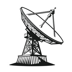 Silhouette of a large satellite dish on a transmission stand. Black and white icon for technology and communication.