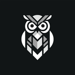 Stylized owl logo featuring geometric shapes in grayscale against a dark background
