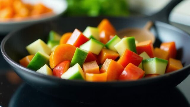 A collection of chopped vegetables sizzling on a stovetop