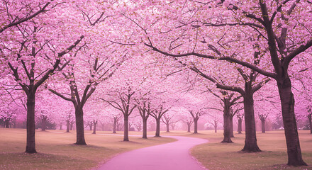 Fototapeta premium Pink Cherry Blossom Trees Lining Winding Pathway.
