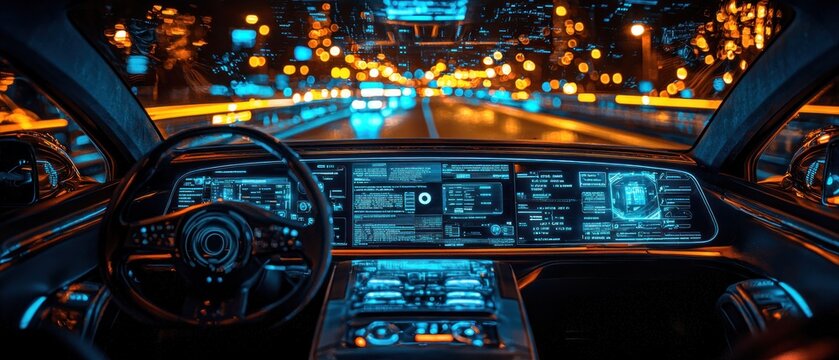 Night Drive in Futuristic Self-Driving Car: Illuminated Dashboard & City Lights - Powered by Adobe