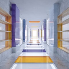 A brightly colored, modern hallway stretches into the distance