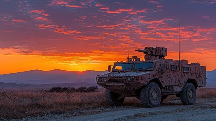 Fototapeta premium Military vehicle at sunset. A camouflaged armored vehicle stands on a dusty track at dawn. Vivid sunset colors paint the sky above a mountainous horizon