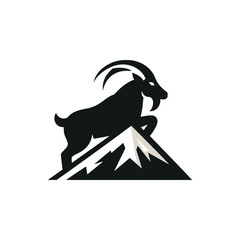 Stylized silhouette of a mountain goat climbing a snow-capped peak against a white background