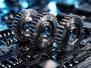 Fototapeta premium Metal gears on circuit board, close-up. Three gears sit atop a dark circuit board, showcasing intricate details. The gears are metallic, reflecting light. 