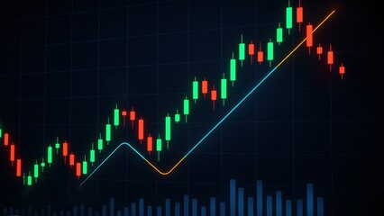 Stylized trading screen shows glowing candlesticks and trendlines on dark tech interface with grid, showing Virtual Charts, Success Arrow