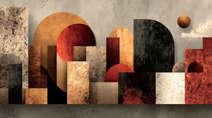 Abstract geometric cityscape with warm earthy tones and textured surfaces creating a modern artistic composition