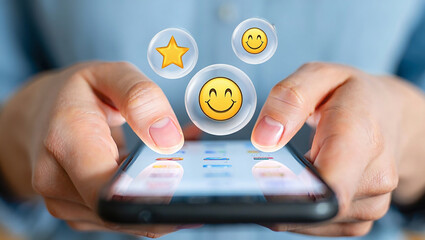 Person using a smartphone with glowing emoji icons floating above the screen