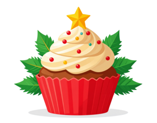 Minimalist Flat Vector Christmas Cupcake with Red Wrapper and Star Topping, Simple Design, Transparent PNG