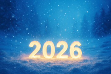Glowing numbers 2026 illuminate a snowy landscape during a winter night, celebrating the arrival of the New Year in a serene, magical atmosphere
