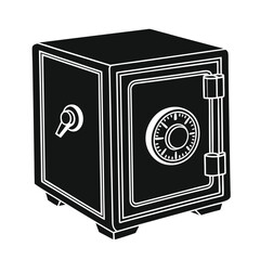 Simple black silhouette illustration of a locked safe box with a rotary dial lock for security and finance concepts.