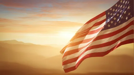 Wandcirkels Foto's The waving American flag illuminated by a beautiful sunrise over mountains.  © Ol