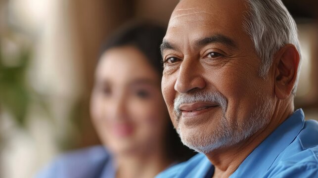 An elderly man and woman sitting together in a cozy living room, smiling and engaged in conversation.